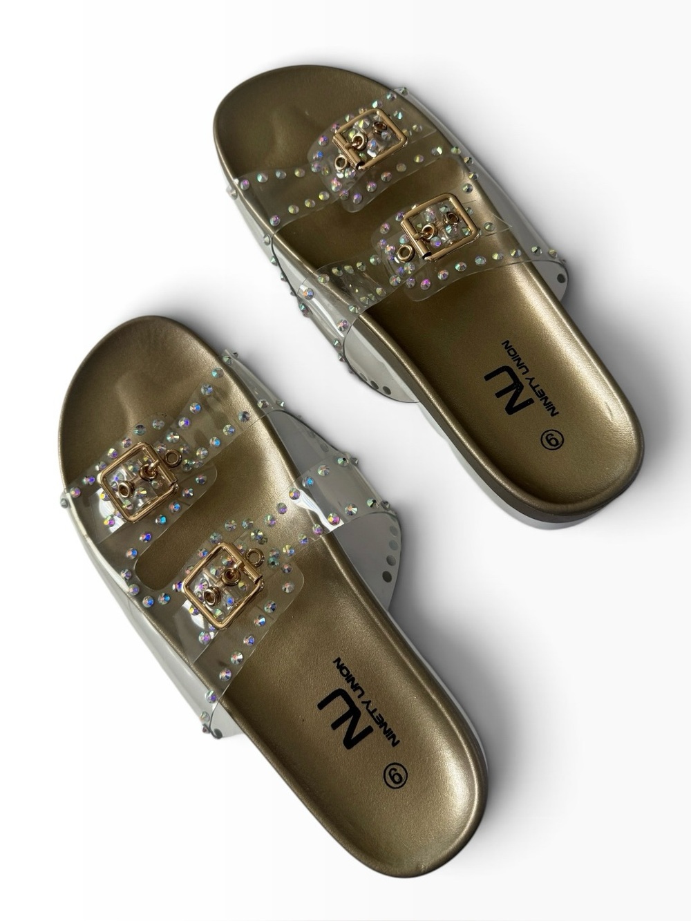NINTEY UNION HAVANNA LUCITE RHINESTONE EMBELLISHED BUCKLE 9 SANDALS GOLD #NE218